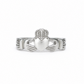 A silver Claddagh ring featuring a heart held by two hands under a crown, shown on a plain white background.