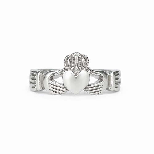 A silver Claddagh ring featuring a heart held by two hands under a crown, shown on a plain white background.